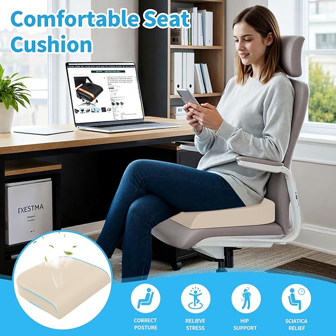 Large Seat Cushion, Memory Foam Cushion for Long Sitting Hours on Office Chair, Home & Car, Non-Slip Chair Pad for Relieving Back & Sciatica & Hip & Coccyx Pain (Khaki)