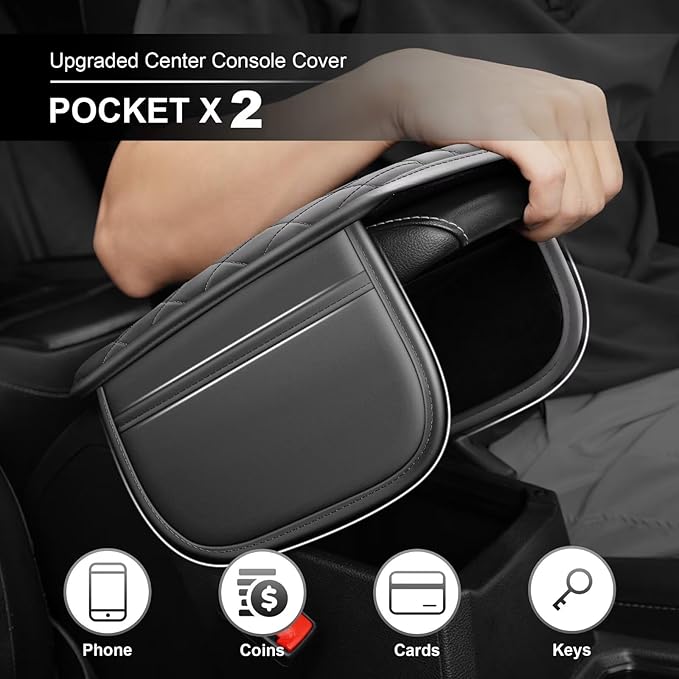 Upgraded Car Center Console Cover Fit for Tacoma Faux Leather Car Armrest Cover Cushion with 2 Storage Bags,Car Armrest Storage Box Interior Accessories(Grey&Whiteline)