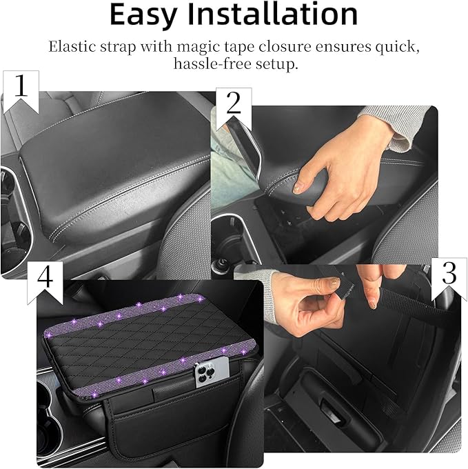 NBTEPEM Bling Car Center Console Cover, Leather Car Arm Rest Cover Cushion with 2 Storage Bags, Universal Auto Armrest Protector Storage Box, Bling Accessories Interior for Most Vehicles (Purple)