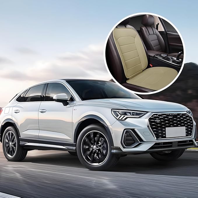 Car Seat Cushion, Leather Soft Breathable Non-Slip Vehicle Front Driver Seat Cover Pad, Comfortable Auto Interior Chair Protector Cushion, Universal for Truck SUV Sedan (Beige)
