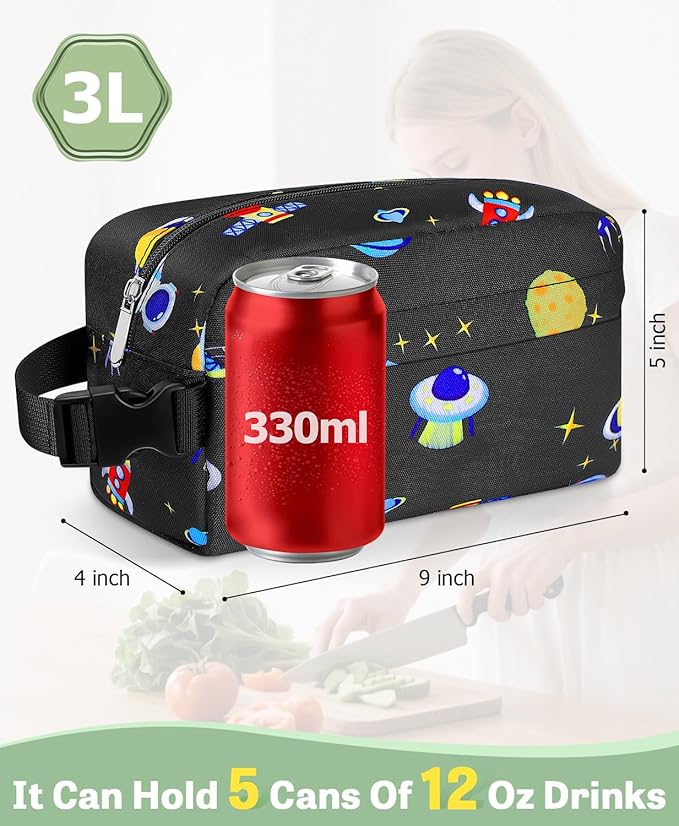 Small Insulated Snack Bag Lunch Bag for Kids Lunch Box for Women/Men, Collapsible [3L/5-Can] Reusable Lunch Bag Cooler Bag for Bottle with Handle Buckle for Work/School,Planet Astronauts