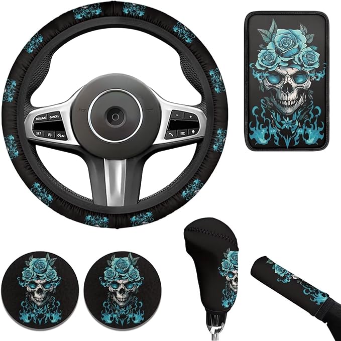 Green Rose Flower Car Accessories 6 Pcs Sets Skull Print Car Steering Wheel Cars Funny Cars Armrest Cover Handbrake Cover Auto Interior Sets