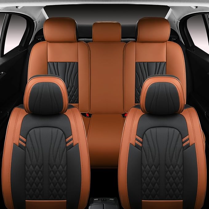 Leather Car Seat Covers,Car Seat Protector Waterproof,Seat Covers Full Set, Car Seat Protectors 5 Seats,Automotive Seat Covers Fit Most Cars Black&Brown