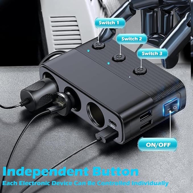 Cigarette Lighter Adapter with 3 Sockets, Car USB Charger Dual Port+QC 3.0+Type-C PD 30W, 12V/24V Cigarette Lighter Splitter with Independent Switches, LED Voltmeter, 66cm Cable