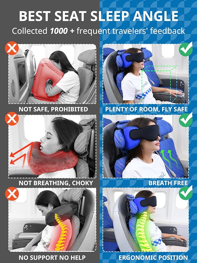 Travel Pillows for Airplanes, Airplane Pillow with Purple Sleep Eye Mask, 360° Neck Support Headrest, Portable Airplane Travel Essentials, Airplane Head Strap for Long Flight, Stop Bobblehead