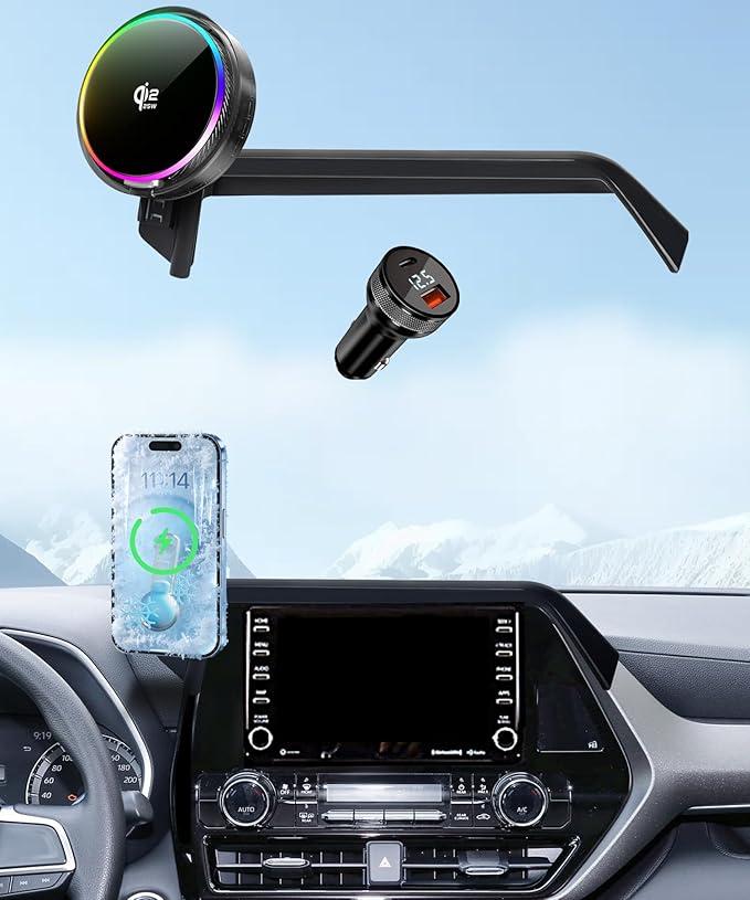 Qi2.2 25W Magnetic Car Mount Charger for 2020-2026 Toyota Highlander Accessories, for Fast Charging Cell Phone Holder 8 Inch Screen Fixed Clip with Cooling Fan＆54W Fast Adapter