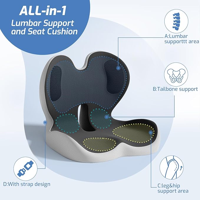 Seat Cushion,Memory Foam Chair Cushion for Office and Car,Ergonomic Coccyx Seat Cushion for Tailbone,Sciatic Nerve,Back Pressure Relief,Lumbar Support Pilow for Office,Car,Truck,Desk Chair