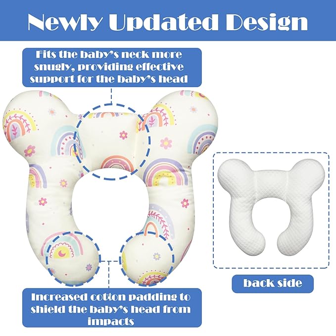 Baby Head Support Pillow for Newborn Toddler, Baby Neck Pillow Upgraded Comfortable Sleep Cushion for Car Plane Stroller Pushchair - Rainbow B