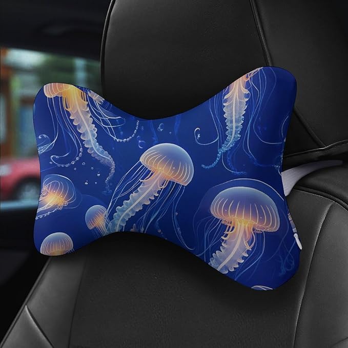 Car Seat Head & Neck Rest Pillow - Auto Headrest Bone Shape Pillow Cushion Soft and Comfortable for Travel, 2 Piece Compatible with Underwater Blue Jellyfish