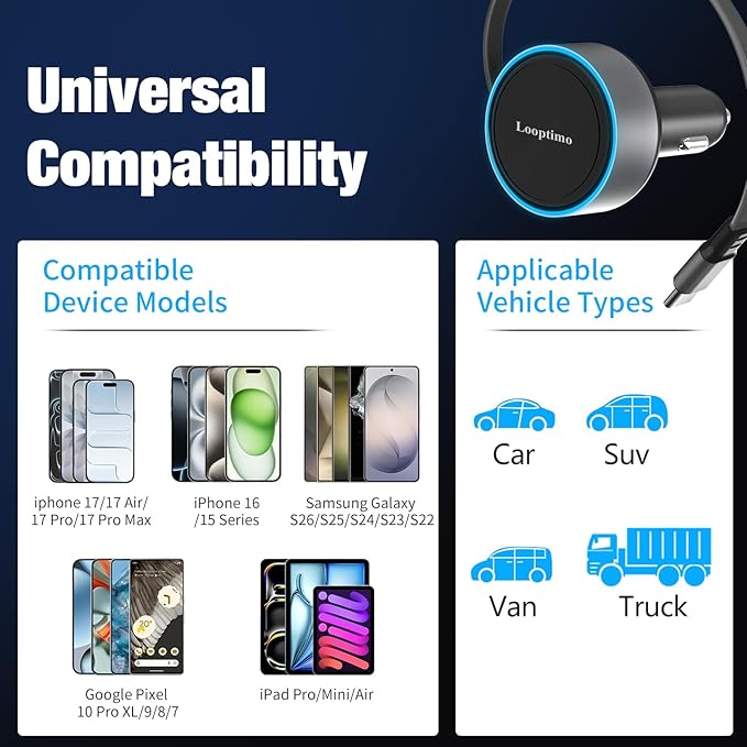 Retractable Car Charger USB C, 90W Phone Cigarette Lighter Adapter USB-C Fast Charging Plug Car Accessories for iPhone 17 16 15 Pro Max, iPad, Android, Built-in Type-C Cable, Gifts for Women Men