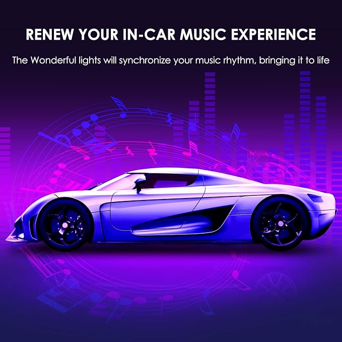 Interior LED Strip Light - 48 LED DIY 16 Million Colors, Microphone App Control, Smart Phone Music Sync RGB Under Dash Waterproof Lighting Kit with Car Charger, USB DC 12V