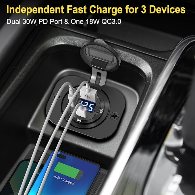 USB C Car Charger Socket 12V USB Outlet 2 Pack: Aluminum Metal 78W Dual PD 30W and 18W QC3.0 Port Multi Charger Outlet with LED Voltmeter Power Switch for RV Motorcycle Boat Marine