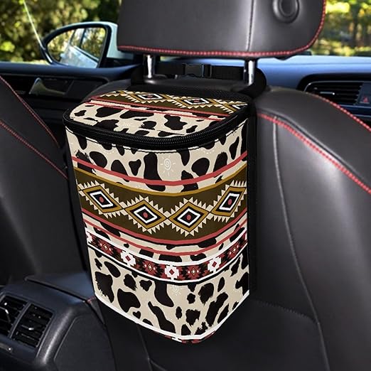 Aztec Leopard Car Trash Can Auto Garbage Bag with Lid Leak-Proof Car Storage Bag Garbage Bag Hanging for Headrest Portable Vehicle Backseat Organizer