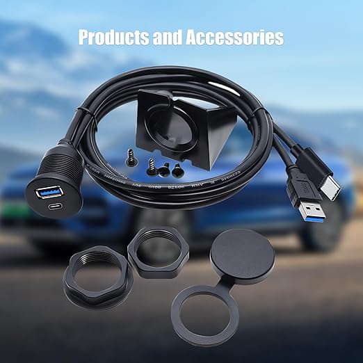 Dual Port USB A/C 3.0 Male to USB A/C 3.0 Female Extension Cable,Flush Mount Waterproof Panel Cable for Car,Truck,Boat,Motorcycle Dashboard 3.3ft