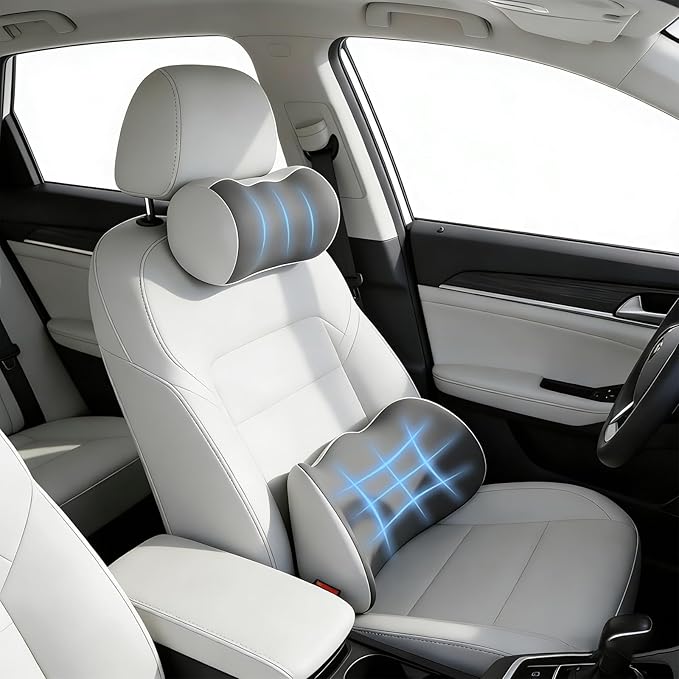 Car Lumbar Support and Neck Support Headrest Pillow Kit, Ergonomic Memory Foam Cushion for Sciatica & Tailbone Pain Relief – Fits Car Seat, Office Chair & Wheelchair