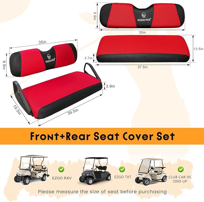Golf Cart Front and Rear Seat Covers Sets for EZGO TXT RXV & Club Car DS 2000 and UP Standard Seat Cushion, Replacement Cooling Breathable Washable No Stapler Needed (Red& Black)