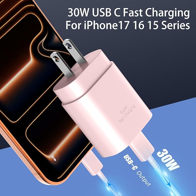 Phone 17 16 15 Charger Fast Charging,30W USB C Phone 17 16 15 Pro Max Charger Block &6.6FT Long Type C Cable Cord for i.Phone 17/Air/17 Pro/17 Pro Max/16/16 Plus/16 Pro/16 Pro Max/15/15 Pro Max,Pink