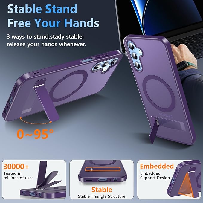 OWKEY for Samsung Galaxy A15 5G Phone Case with Screen Protector & Stand, Magnetic Case for Magsafe Military-Grade Protection Shockproof Matte Cover for Samsung Galaxy A15 5G (Purple)