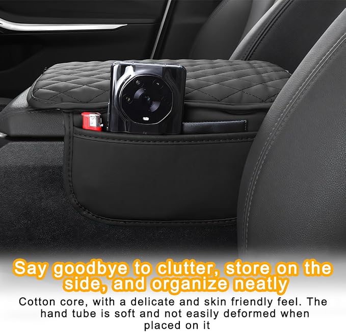 Mandark Car Center Console Cover, Microfiber Leather Vehicle Armrest Protector Cushion with 2 Storage Bags, Auto Interior Arm Rest Seat Box Pad Accessories, Universal for SUV, Sedan, Truck (Black)