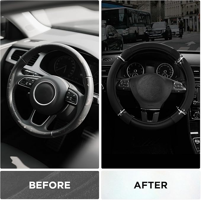 Road Comfort Leather Steering Wheel Cover – Premium Anti-Slip Car Steering Wheel Grip Cover – Universal Fit for 14.5”–15.5” Cars, Trucks & SUVs - Black