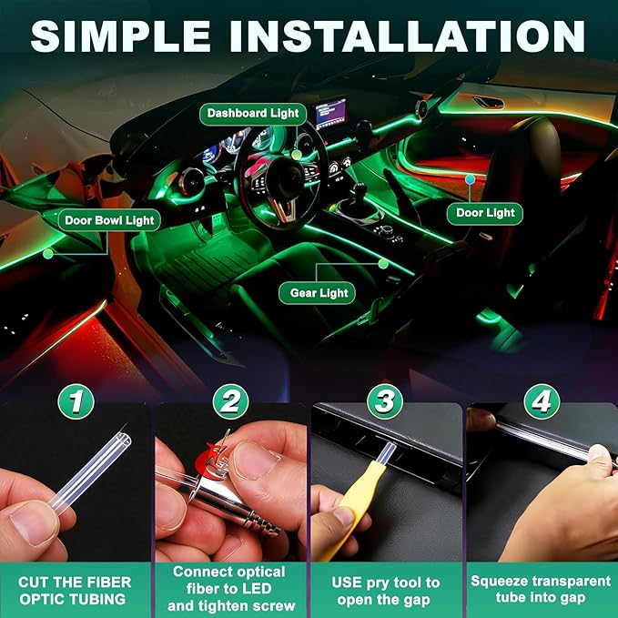 Car Interior LED Strip Lights, 10m RGB 8 in 1 Car Ambient Decor Neon Lights Kit 400 inches Fiber Optic tubing USB Powered RGB with Wireless APP Remote Control, Ambient Lighting Kits 16 Million Colors