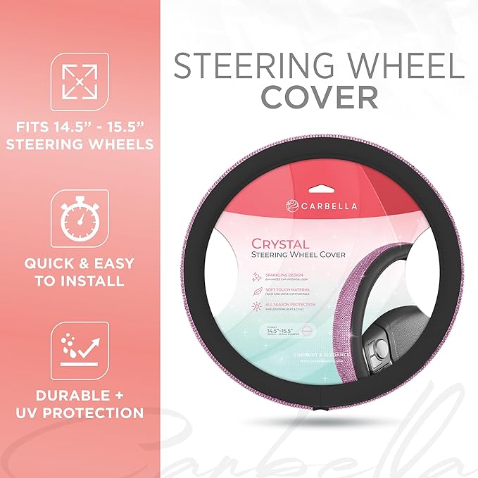 Carbella Leatherette Crystal Bling Steering Wheel Cover for Car SUV, Glitter Sparkle Rhinestone Cute Car Accessories for Women Universal Fit Standard Size (Fits 14.5"-15") - Black w/Pink Bling