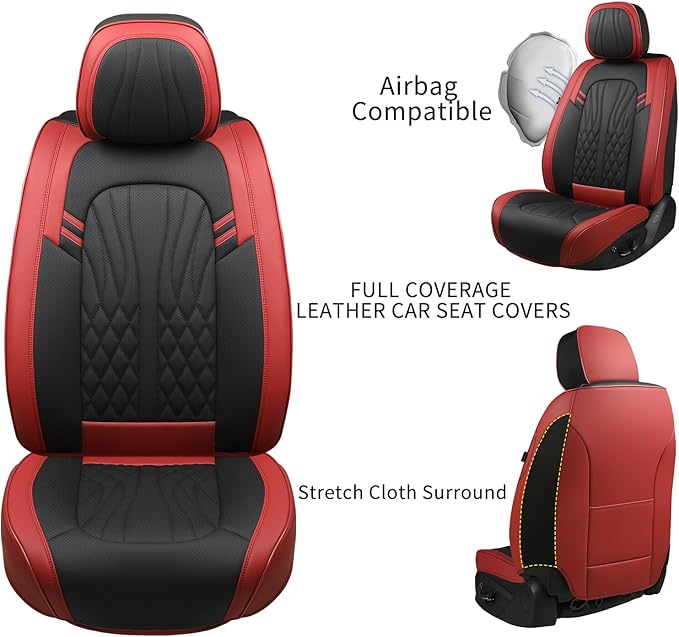 Leather Car Seat Covers,Car Seat Protector Waterproof,Seat Covers Full Set, Car Seat Protectors 5 Seats,Automotive Seat Covers Fit Most Cars Wine Red