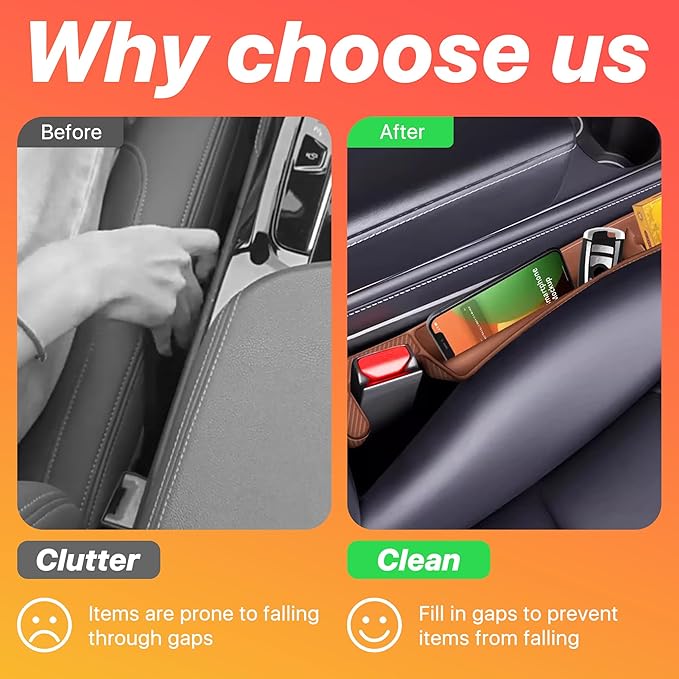 2PCS Car Seat Gap Filler, Anti-Drop Vehicle Console Crevice Blocker with 2 Storage Areas, Seat Side Seam Organizer Plug from Droping, Universal Automotive Interior Accessories (Brown)