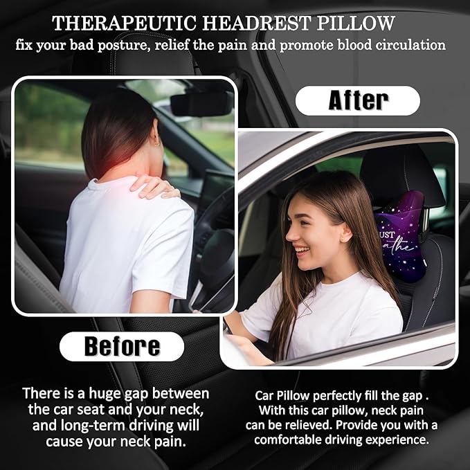 2 Pack Car Neck Pillow，Purple Butterfly Car Headrest Pillow，Ergonomic Design，Memory Foam Car Pillow，Breathable Removable Cover Universal Headrest Pillow for Travel Car Seat Driving & Home