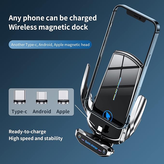 Wireless Car Charger Mount Automotive Electric Induction 15W Fast Charging Auto Clamping Car Phone Holder Mount Wireless Charging Mount Air Vent Phone Holde Compatible with All Android (Black)