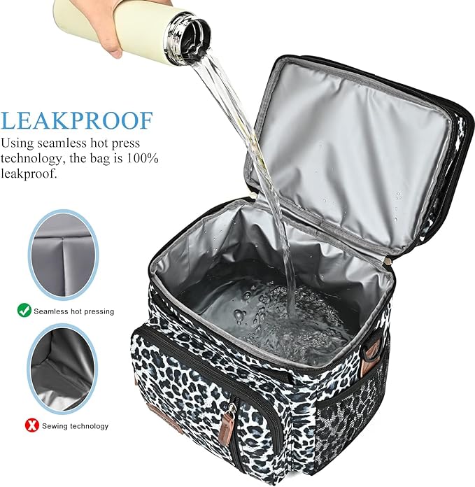 MIYCOO Lunch Bag & Lunch Box for Women Men, Double Deck Leakproof Insulated Soft Large Adult Camping Cooler bag for Work, Beach, Picnic, Travel (Leopard print, 15L)