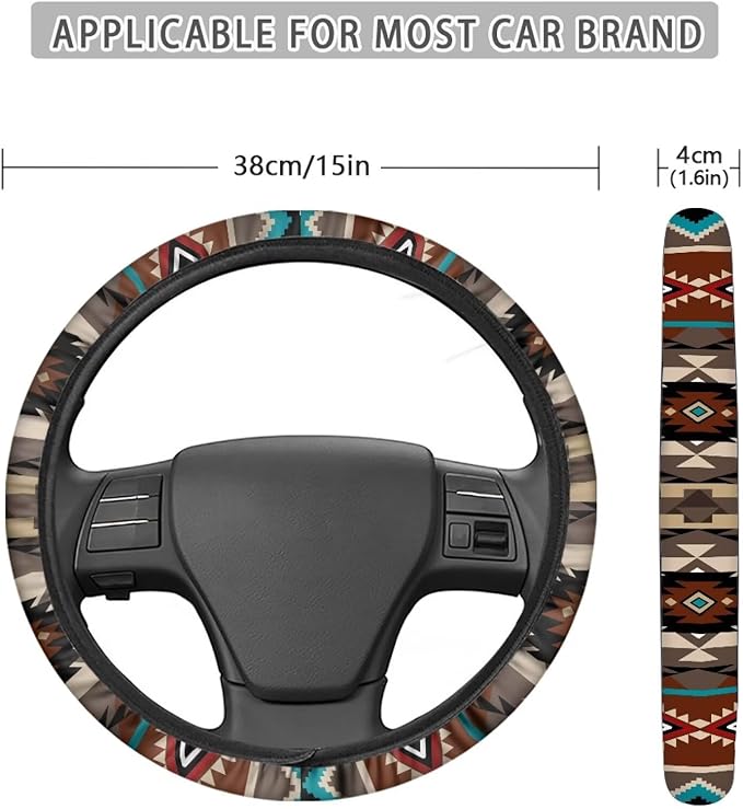 SEANATIVE Brown Aztec Car Steering Wheel Cover, Anti-Slip, Safety, Soft, Breathable, Universal Car Steering Wheel Dust Cover, Easy to Disassemble