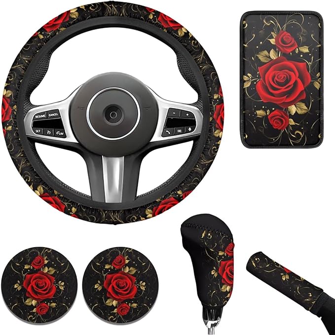 Red Rose 6pcs Car Steering Wheel Cover Set Flower Print Cup Coaster Handbrake Gear Cover Car Interior Accessories Fit Vans Trucks,SUV