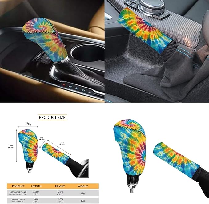 Blue Tie Dye 6pcs Car Interior Accessories Protector Set Car Steering Wheel Cover for Women Cup Coaster Handbrake Gear Cover Suit for Most Cars Truck Vans SUV