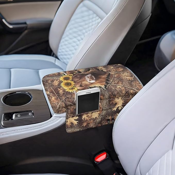 Tupalatus Highland Cow Car Armrest Cover with Pockets Universal Center Console Pad Anti-Slip Sunflower Armrest Cushion Cover Pad Easy Installation Universal Fit Most Cars,SUV,Truck,Van