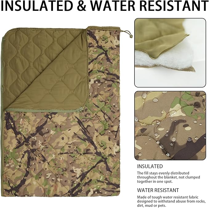 Poncho Liner Hoodie with Pocket Insulated Military Sleeping Bag Waterproof for Outdoor Camping Travel Survival Hunting Car Emergency