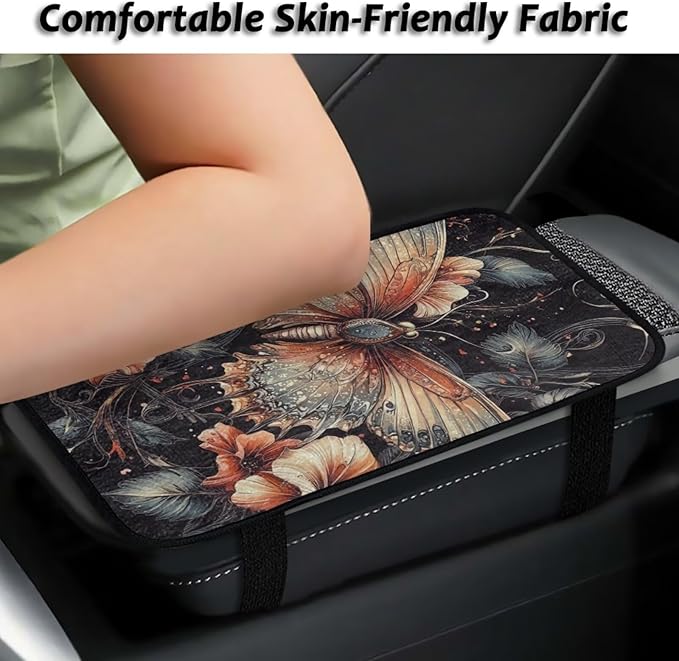 Butterfly Flower Center Console Cover Comfortable Warm Auto Center Console Pad Easy Install Armrest Cover Center Console Cushion for Car Truck Van SUV Seat Protector