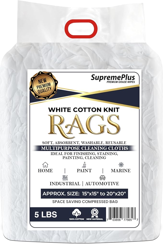 Premium New White Cotton Knit T-Shirt Rags (600 lbs. Pallet 120x5 lbs. Bag of Rags) - Lint-Free, Soft & Absorbent Bulk Cleaning Cloths for Auto, Paint, Garage, Staining & Polishing