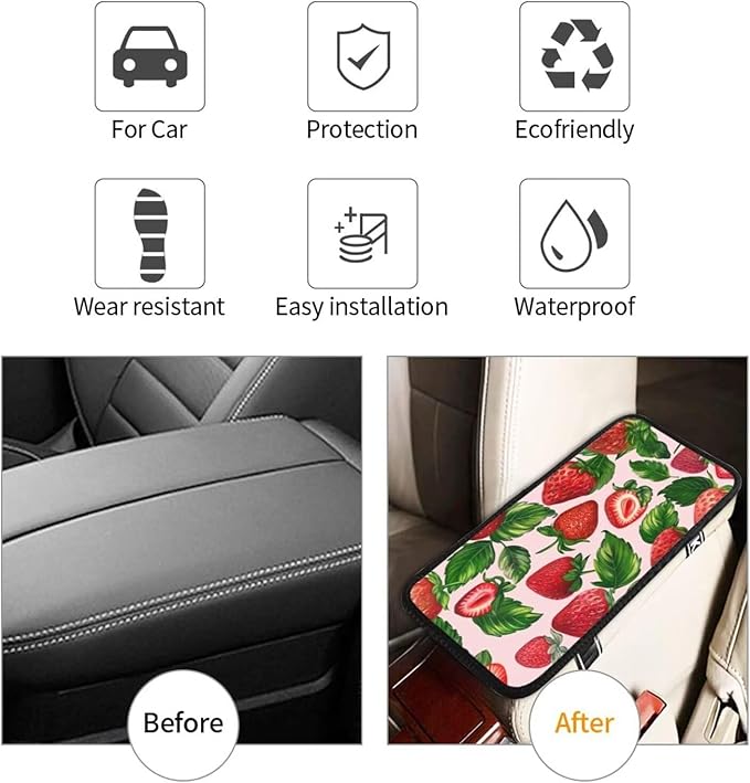 Car Center Console Cover Cute Strawberry Print Armrest Box Lid Protector Cover Pink Arm Rest Cover for SUV Truck Van Sedans Armrest Cushion Pad