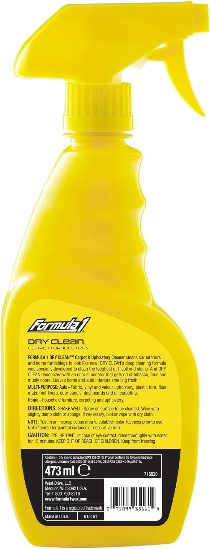 Formula 1 Dry Clean Carpet & Upholstery Cleaner - Stain Remover Spray for Car Seats & Floor Mats, Odor Eliminator for Interior Detailing, 16 oz.