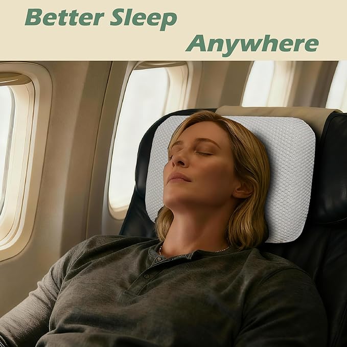 Cooling Camping Pillow, Memory Foam Travel Pillow with Adjustable Buckle Strap & Storage Bag, Compact Small Pillow for Airplane, Car Lumbar, Office, Washable Cooling Cover, Frost White