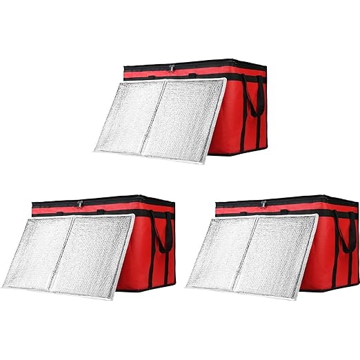CIVJET Insulated Food Delivery Bag with Hard Bottom, XXX-Large Insulated Reusable Grocery Cooler/Hot Bags, Tote Bag for Shopping/Travel, Red, 3-Pack