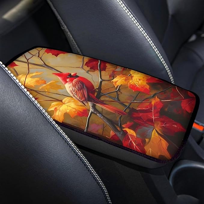 Suobstales Cardinal Maple Leaf Print Car Armrest Pad Soft Center Console Arm Rest Protector Cover Universal Car Interior Accessories Decoration
