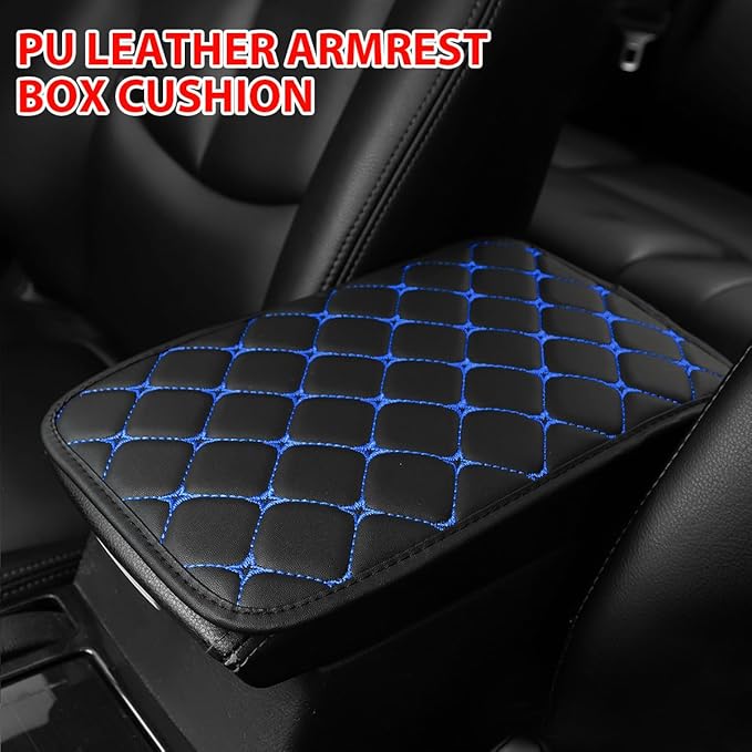 HZEL Car Center Console Cushion Pad, PU Leather Vehicle Armrest Protection Cover, Waterproof Automotive Interior Arm Rest Seat Box Mat Accessories, Universal for SUV, Sedan, Truck (Black/Blue)