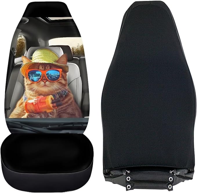 Soft Front Car Seat Covers Bulldog and Cat Full Wrapping Edge Premium Polyester Seat Covers Universal Automotive Seat Cushion Covers for Sedan,Vans,Trucks