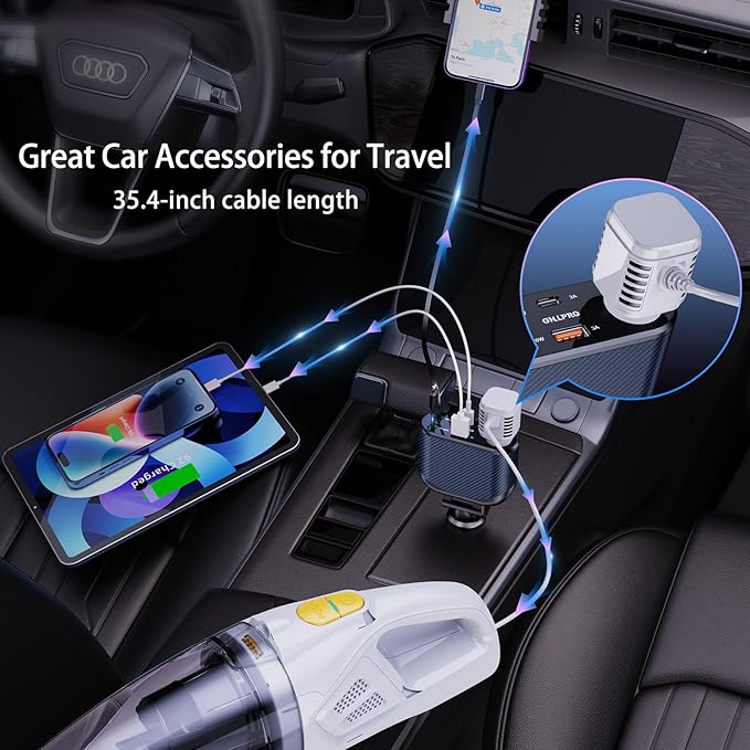 OHLPRO Retractable Car Charger Cigarette Lighter Adapter, 168W 5 in 1 Fast Phone Charging Built-in Replaceable Fuse, Socket Splitter with USB C and USB i Cord, Fit for Phone iPad Galaxy GPS, Blue