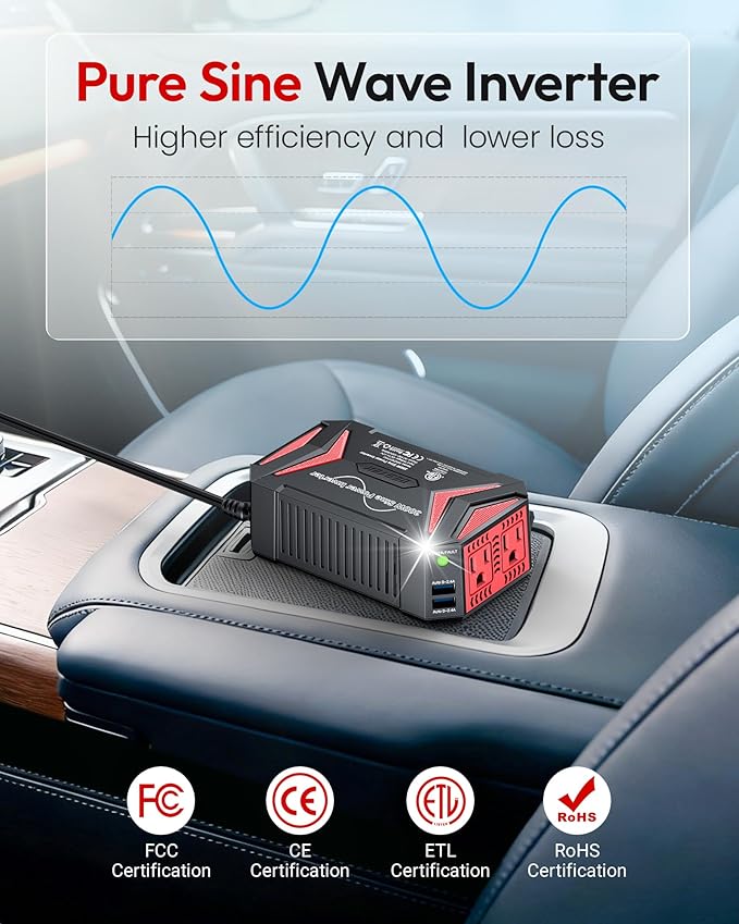 BESTEK Pure Sine Wave Power Inverter - 300W Car Plug in Charger Outlet DC 12V to 110V AC - Cigarette Lighter Adapter 4.8A Dual USB Fast Charging Ports for Phone, Laptop, CPAP - Black