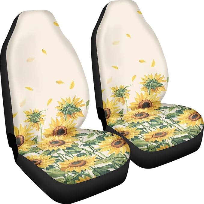 Sunflowers Print 2 Pcs/Set Car Front Seat Covers, Universal Fit Seat Covers for Sedan, Truck, SUV Polyester Bucket Cushion Protectors