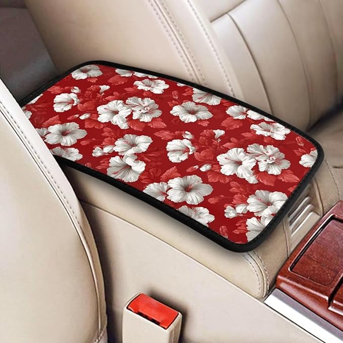 Red Hibiscus Center Console Armrest Cover Tropical Floral Middle Console Covers Seat Box Lid Protective Cover Cushion Pad SUV Van Sedans Truck Accessories Hawaiian Leaf Arm Rest Pads