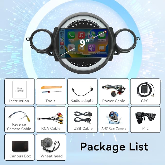 Android 14 Car Radio Compatible with BMW Mini Cooper 2007-2014,4G+64G,9" Touch Screen Car Stereo with Wireless Carplay&Android Auto,FM/GPS/SWC/Mirror Link/Backup Camer
